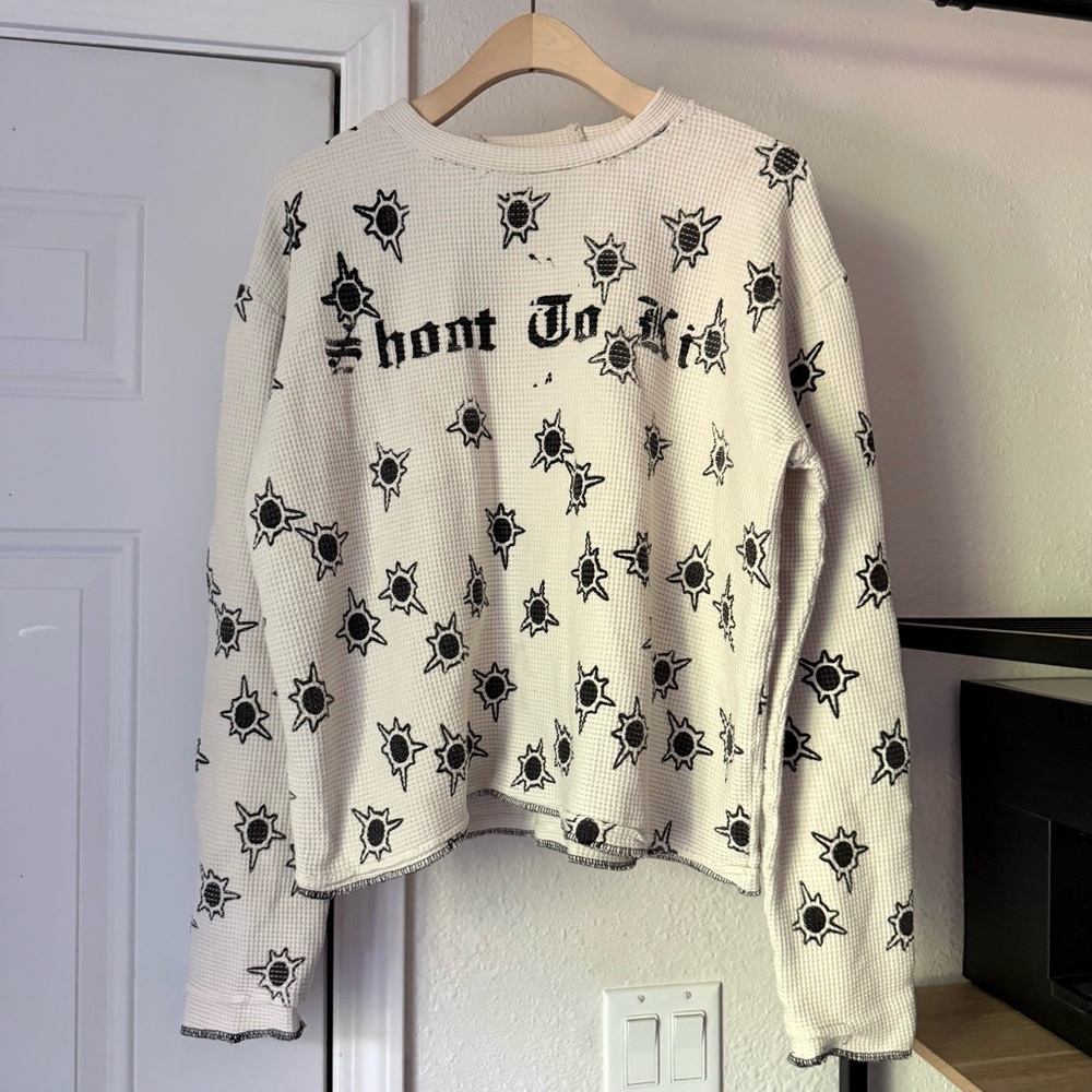 No label off white cream waffle thermal‎ knit boxy cropped gunshot print tee top